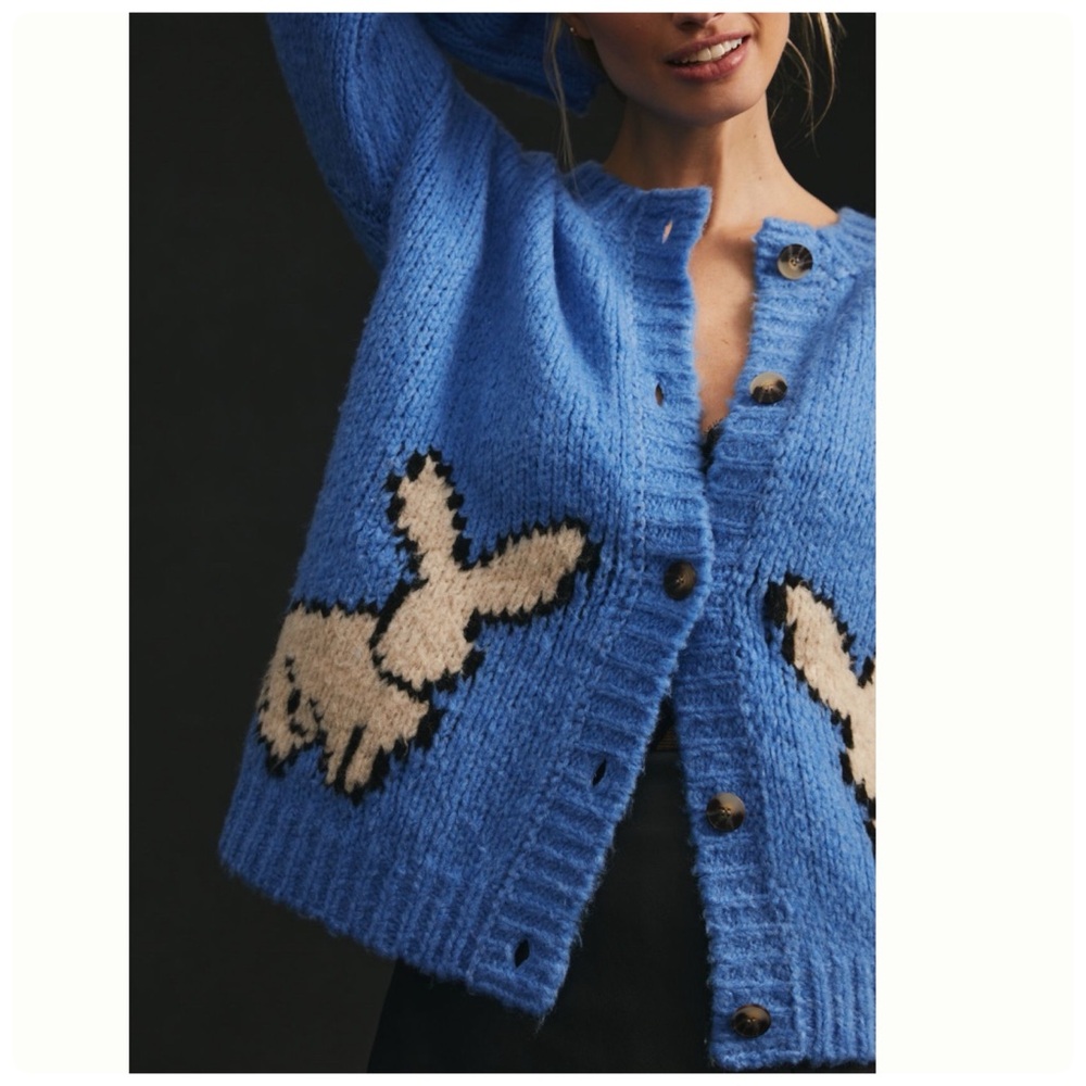 NWT Anthropologie Maeve Bunny Slope Cardigan front buttons Sweater in Blue, L - Picture 5 of 13